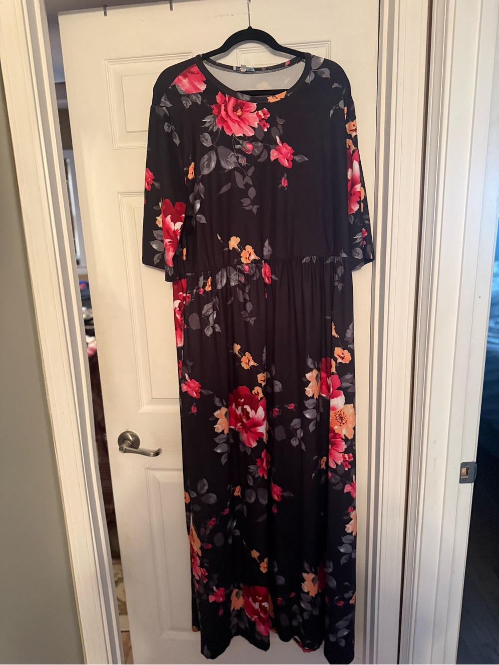 Black Floral Maxi Dress with Pink and Orange Blooms